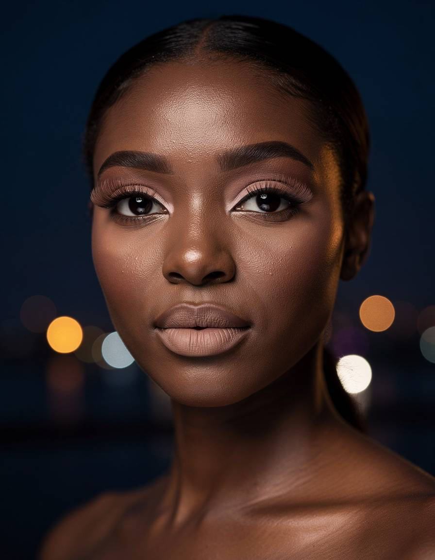 Photorealistic evening beauty portrait of one adult woman with rich dark skin, subtle satin complexion, understated cocoa liner, soft neutral lips, and airy wispy lashes; shoulder-up crop against deep navy background with small distant bokeh lights, both eyes clearly visible, natural facial anatomy, no text, labels, logos, or watermark.
