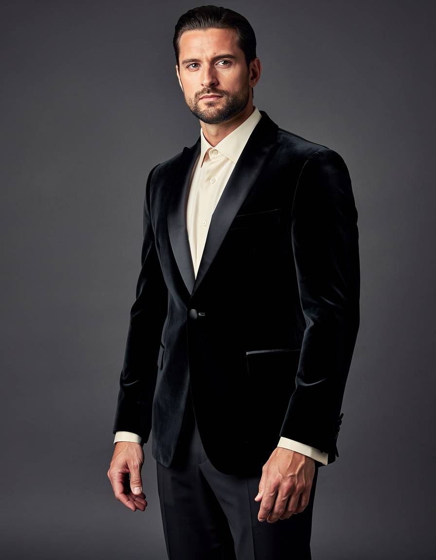 Three-quarter evening fashion editorial portrait of one adult male model in a plain black velvet dinner jacket with clean satin lapels, an ivory button-front shirt, and tailored black trousers. He stands against a soft charcoal studio backdrop with both arms relaxed straight at his sides. Show both complete bare hands with five natural separate fingers each, no held object, no cuff distortion. Use gentle frontal fill light for clear contrast between jacket, trousers, and background. Accurate jacket seams and realistic face, no insignia, jewelry, writing, logo, or extra objects.