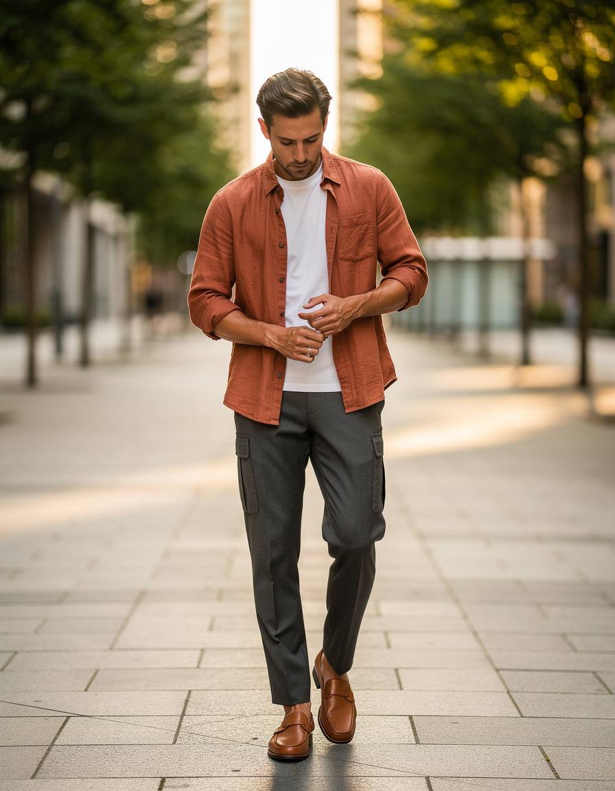 Photorealistic full-body street style fashion editorial of one adult man on a tree-lined urban walkway. He wears a terracotta linen overshirt over a plain white T-shirt, charcoal tailored cargo trousers with unmarked pockets, and plain tan loafers. Capture him adjusting one cuff while standing still, both hands clearly formed, warm late-afternoon light, and a softly blurred walkway. Preserve generous margins around the full outfit and shoes. No signs, letters, numbers, labels, logos, or watermarks.