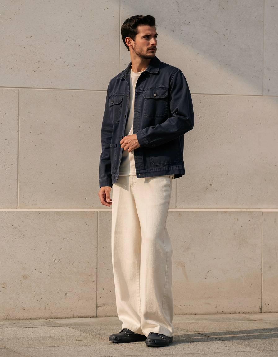 Photorealistic full-body street style fashion editorial of one adult man standing beside a smooth unmarked stone wall. He wears a navy cotton chore jacket, an ivory crew-neck shirt, ecru wide-leg trousers, and plain dark canvas shoes. Capture a relaxed side-facing pose with one hand lightly touching the jacket hem, natural proportions, soft afternoon light, and clear garment texture. Keep the whole person and shoes visible. No signs, letters, numbers, labels, logos, or watermarks.