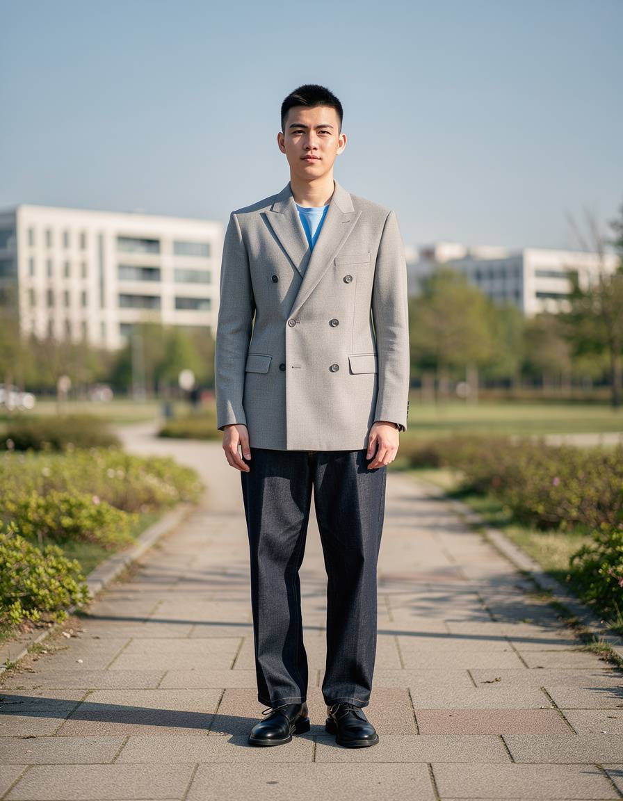 Wide full-length street style fashion photograph. One adult man stands on a paved park path, facing the camera. Show his entire head and hair, both hands, both legs, and both shoes. His figure occupies about 65 percent of the image height, with clear sky above his head and clear pavement below his shoes. He wears an unadorned light-gray double-breasted blazer, a plain sky-blue shirt, relaxed dark denim trousers, and black lace-up shoes. The blazer lapels are completely blank, with no pin, badge, emblem, patch, or decorative mark. Soft side light, realistic anatomy, clean modern buildings in the distant background. No words, numbers, signs, labels, logos, or watermarks.