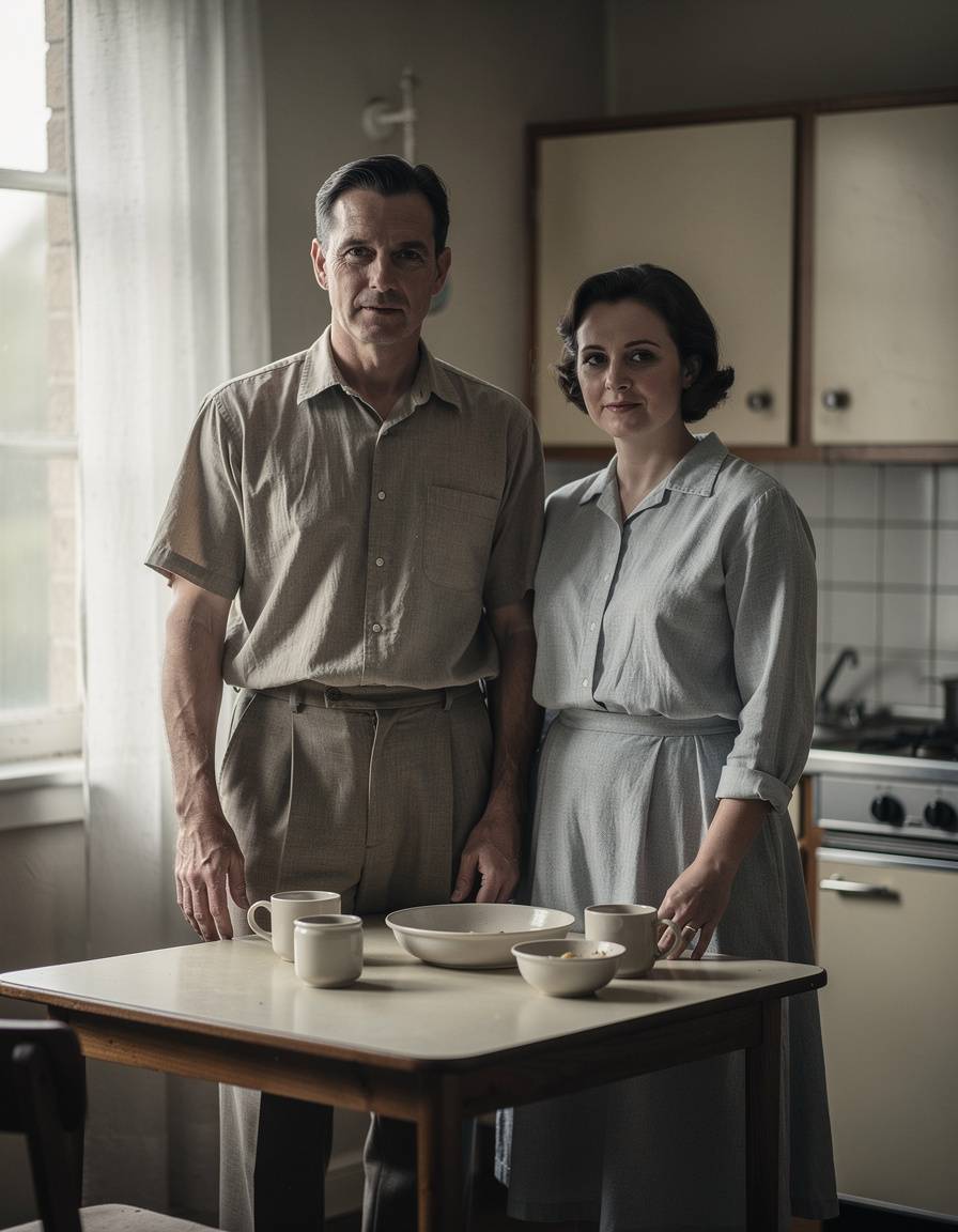 Environmental portrait of one adult couple in understated 1940s-inspired home clothes beside a kitchen table in a small apartment. Diffused morning window light, simple ceramic dishes without marks, natural expressions, realistic hands and proportions. No readable text, letters, numbers, brands, logos, or watermarks.