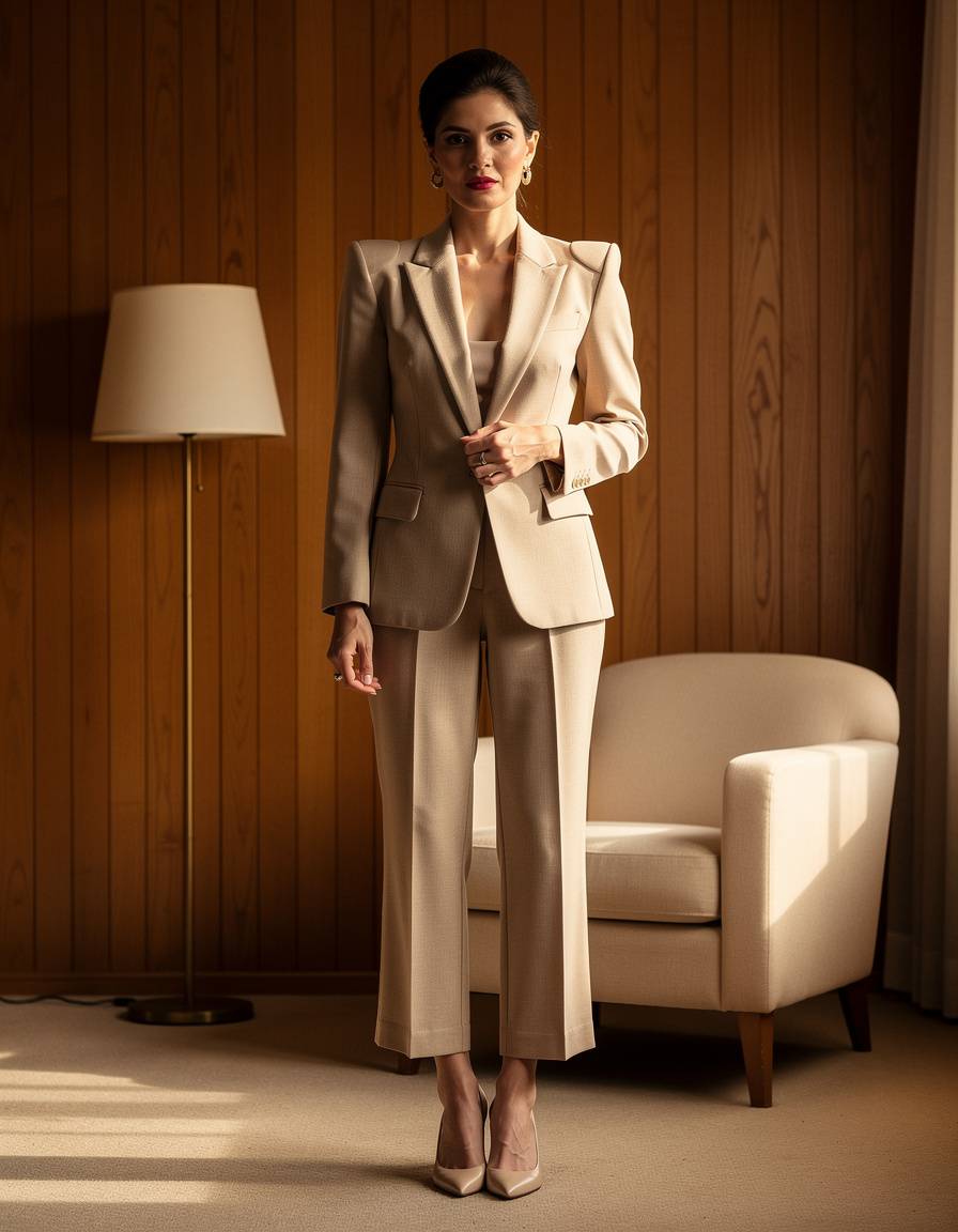 Complete head-to-toe editorial portrait of one adult woman in an 1980s-inspired structured blazer and pleated trousers, standing in a simple home den. Plain wood-paneled wall, one unmarked floor lamp, one plain upholstered chair, warm window light, clear fashion silhouette, realistic face, hands, shoes, and clothing. Keep the entire subject inside the frame. No records, electronics, books, posters, packages, labels, readable text, letters, numbers, brands, logos, or watermarks.