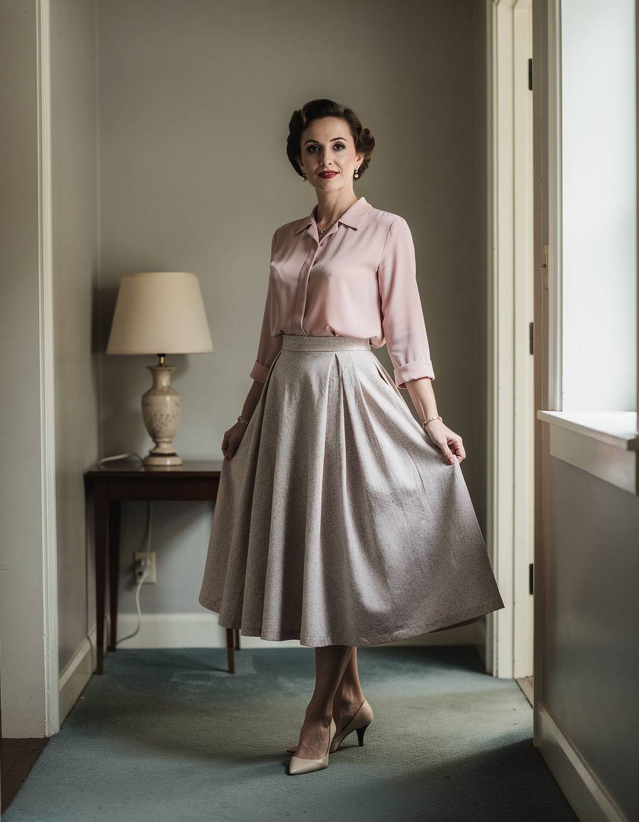 Full-length editorial portrait of one adult woman in a 1950s-inspired pastel blouse and full skirt inside a mid-century home hallway. Simple painted walls, one unmarked table lamp, bright indirect daylight, clean silhouette, realistic face, hands, and fabric. No readable text, letters, numbers, brands, logos, or watermarks.