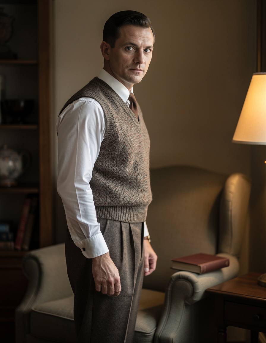 Three-quarter editorial portrait of one adult man in a 1930s-inspired knit vest and tailored trousers in a quiet home reading nook. An unmarked closed book and plain upholstered chair, warm side light, realistic anatomy and period styling. No readable text, letters, numbers, brands, logos, or watermarks.