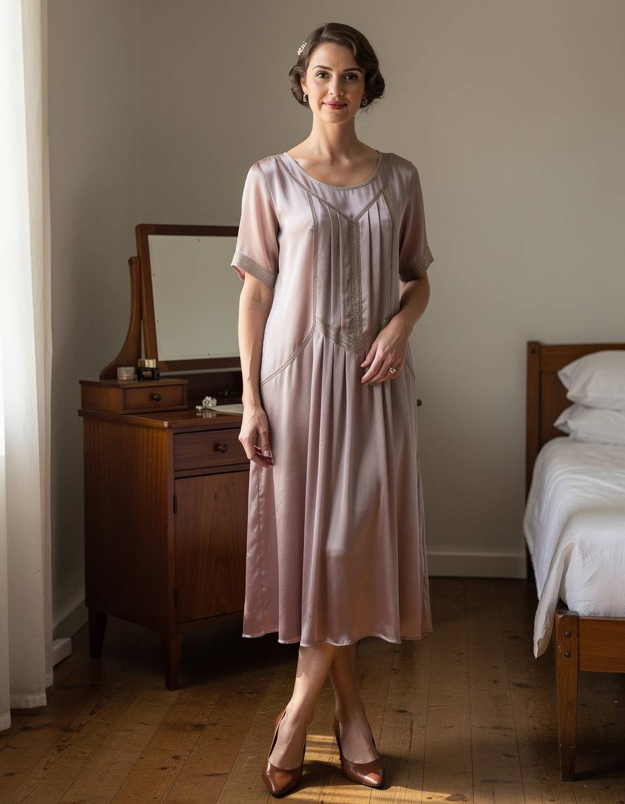 A complete head-to-toe editorial portrait of one adult woman in a 1920s-inspired silk day dress and simple shoes, standing in open floor space beside a small walnut vanity in a modest apartment bedroom. Keep her entire body, both shoes, and the vanity visible with clear space around the frame. Soft window light, balanced vertical composition, realistic face, hands, legs, and fabric. No object blocks her body. No readable text, letters, numbers, brands, logos, cigarettes, or watermarks.