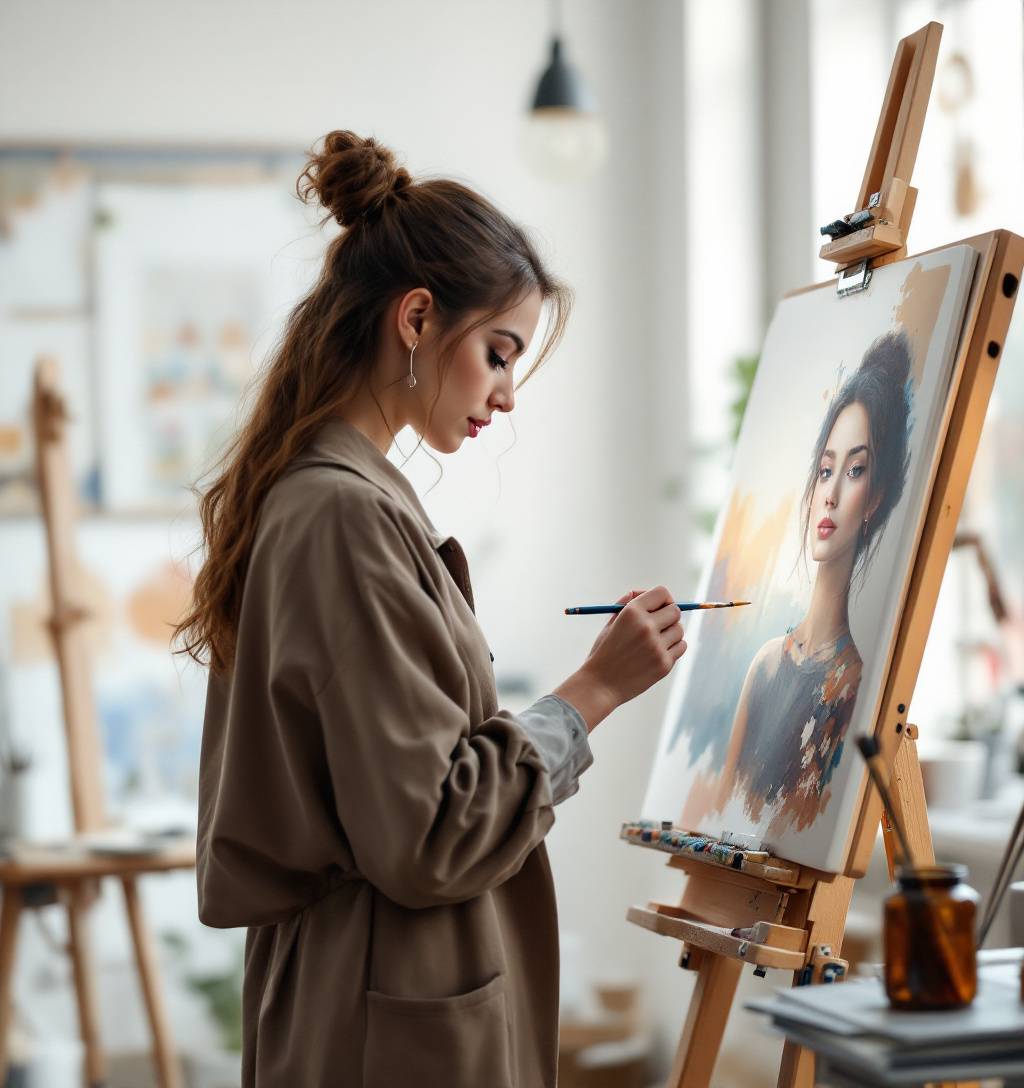 a model as artistic painter in art studio with wooden easel and paint