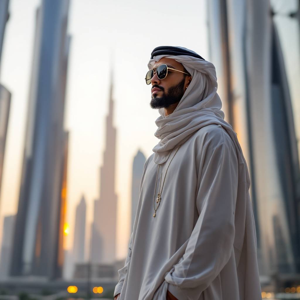 sharp and trendy model in Dubai wearing a modern, chic abaya/thobe, skyscrapers of Dubai in the background