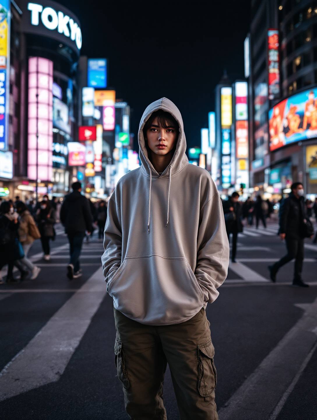 A fashionable model in Tokyo, wearing an oversized hoodie and cargo pants, Shibuya Crossing bustling with people and vibrant city lights all around.
