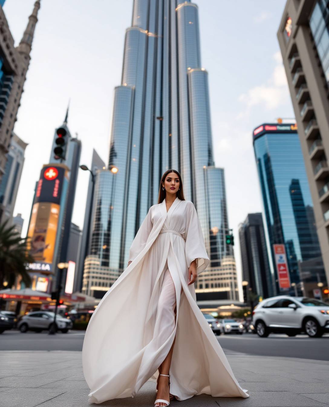 An elegant model in Dubai, dressed in a flowing white robe, standing in front of the towering Burj Khalifa amidst a bustling urban environment.