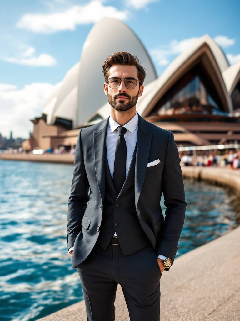 A stylish model in Sydney, dressed in a modern slim-fit suit, standing in front of the Sydney Opera House with dynamic city life and water reflections surrounding the scene.