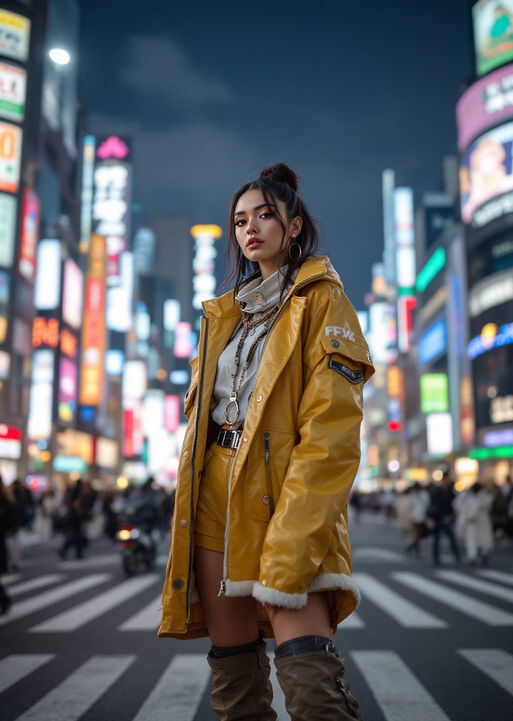 stylish and chic model in Tokyo wearing a futuristic outfit, Shibuya crossing in the background