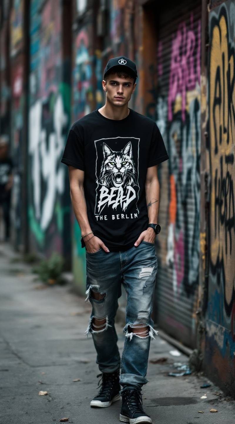 An edgy model in Berlin, wearing distressed jeans and a graphic t-shirt, standing next to graffiti-covered walls with street art all around.