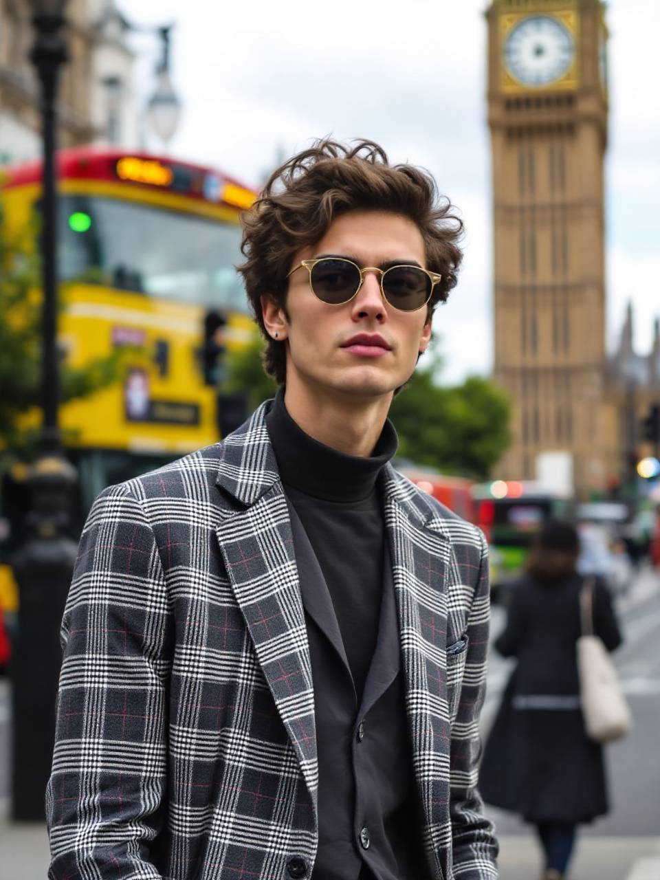 A casually dressed model in London, wearing a trendy blazer over a turtleneck, standing near a double-decker bus with the iconic Big Ben in the background.