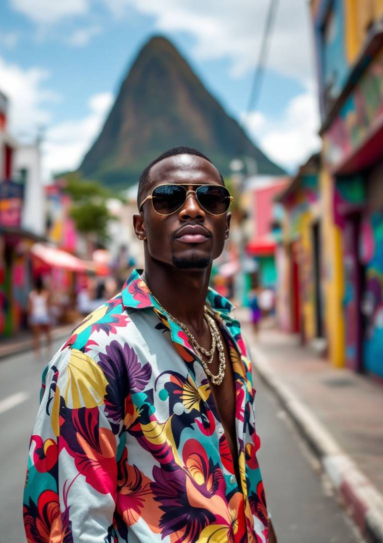 A bold and trendy model in Rio de Janeiro, wearing a colorful patterned shirt and sunglasses, standing on a vibrant street with Sugarloaf Mountain in the distance and lively street art nearby.