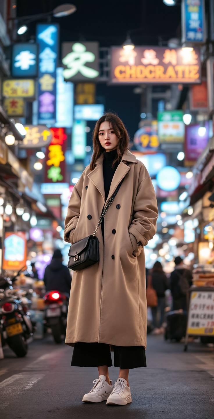 A fashionable model in Seoul, sporting an oversized coat and sneakers, standing in front of a busy street market filled with colorful signs and lights.