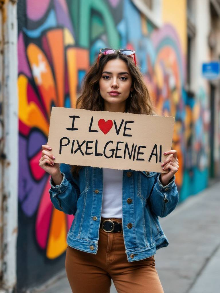 A trendy model in Mexico City, wearing a stylish denim jacket and holding a paper sign that says 'I LOVE PIXELGENIE AI', standing near a colorful mural with vibrant street art around the area.