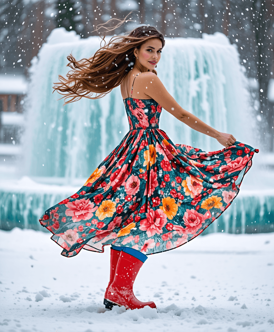 Fashion model in a flowing floral sundress twirling amidst a heavy snowfall, bare arms contrasting with icy surroundings, wearing colorful rain boots, snowflakes settling on her hair, frozen fountain in background, (high fashion winter photoshoot)