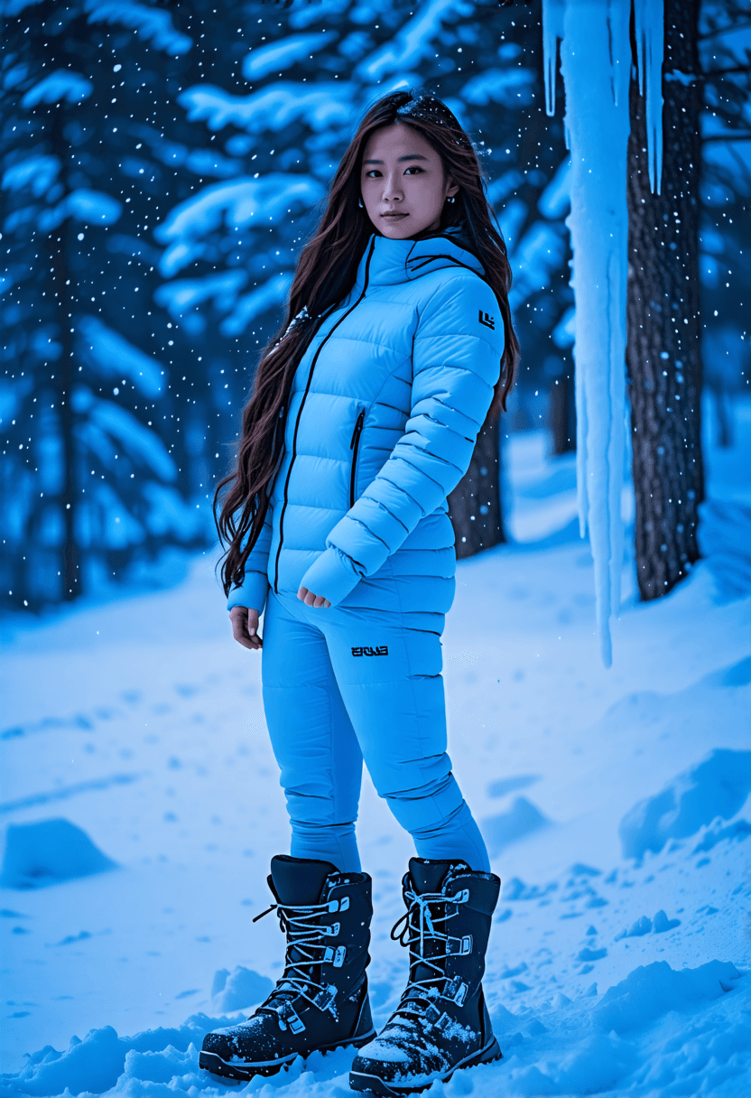 Full body portrait of an elegant woman in winter sportswear, standing confidently in deep snow, glistening snow surface, athletic build, long flowing hair, snowflakes falling all around, wearing stylish snow boots, frozen lake in background, icicles on nearby pine trees, cool blue lighting, (high fashion winter photoshoot)