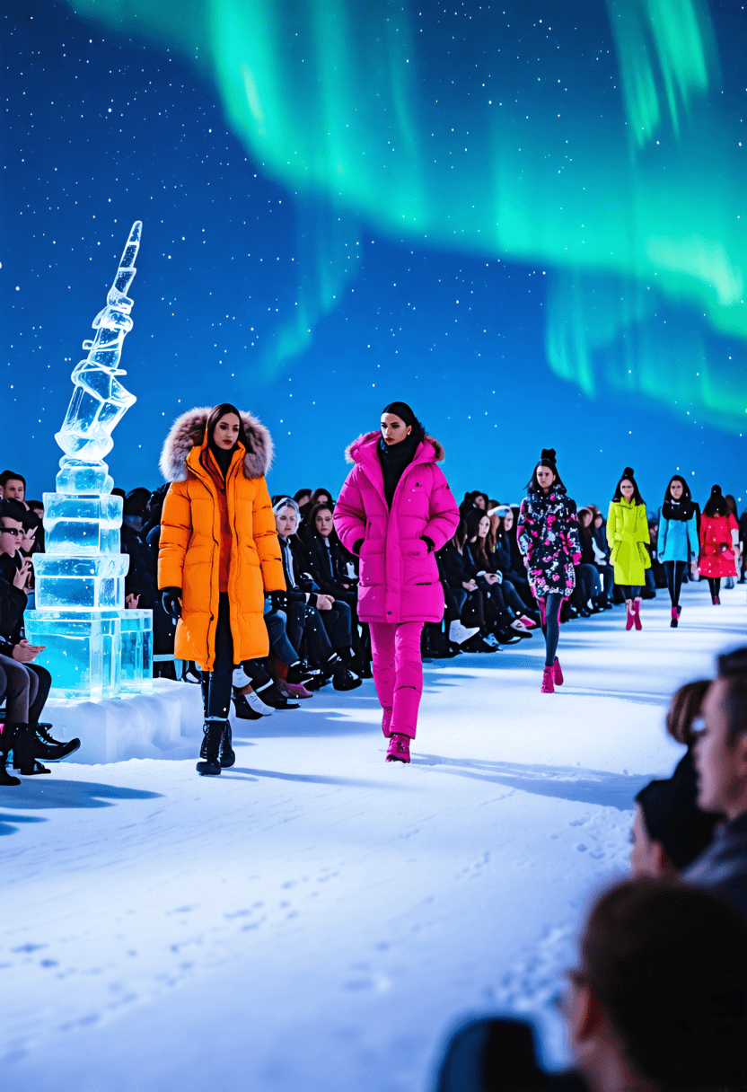 Fashion models walking on a snowy runway, wearing vibrant beachwear and resort clothing, audience in winter parkas, snowflakes falling, ice sculptures lining the catwalk, northern lights in the background, (high-end fashion event)