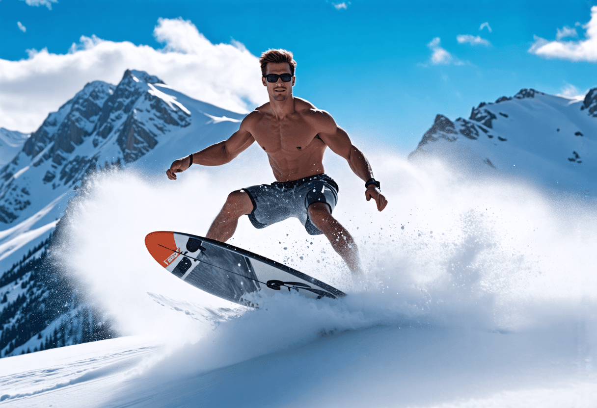 Muscular surfer in wetsuit top and board shorts riding a surfboard down a snowy mountain slope, snow spraying behind the board, wearing sunglasses, snow-capped mountains in background, blue sky with few clouds, (extreme sports fashion)