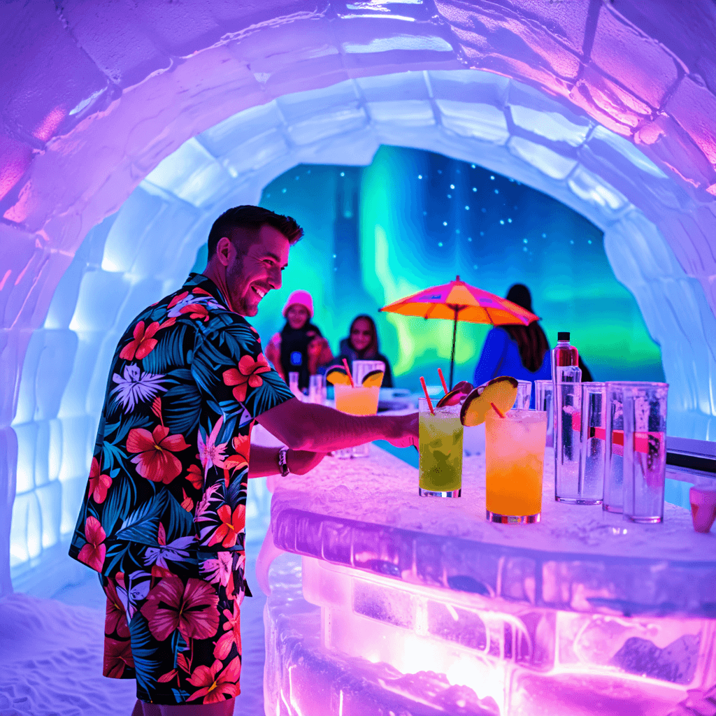 Smiling bartender in Hawaiian shirt and shorts mixing cocktails inside an igloo bar, ice bar counter with tropical decorations, customers in winter gear, colorful cocktail umbrellas contrasting with icy walls, aurora borealis visible through ice window, (quirky fashion scene)