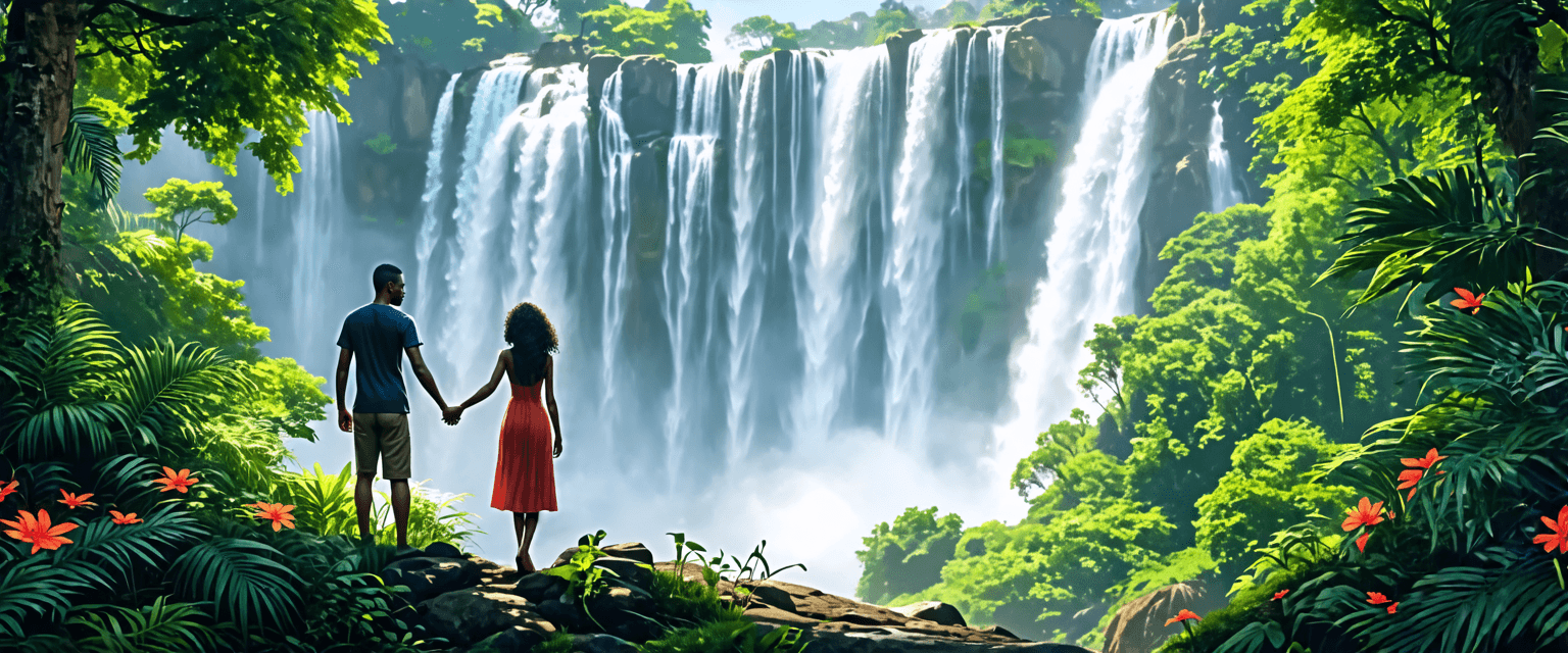 An interracial couple holding hands by a majestic waterfall in a lush forest, dreamy and romantic atmosphere