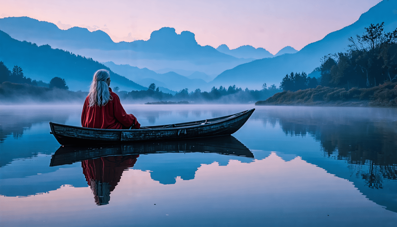 A man with silver hair in a small wooden boat on a mirror-like lake, surrounded by misty mountains at dusk