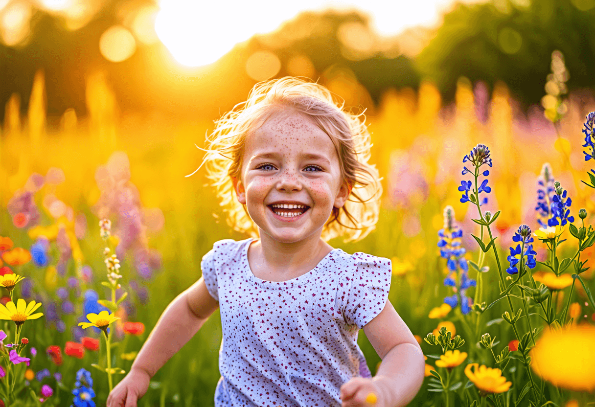 A smiling child with freckles running through a colorful wildflower meadow, magical golden hour lighting
