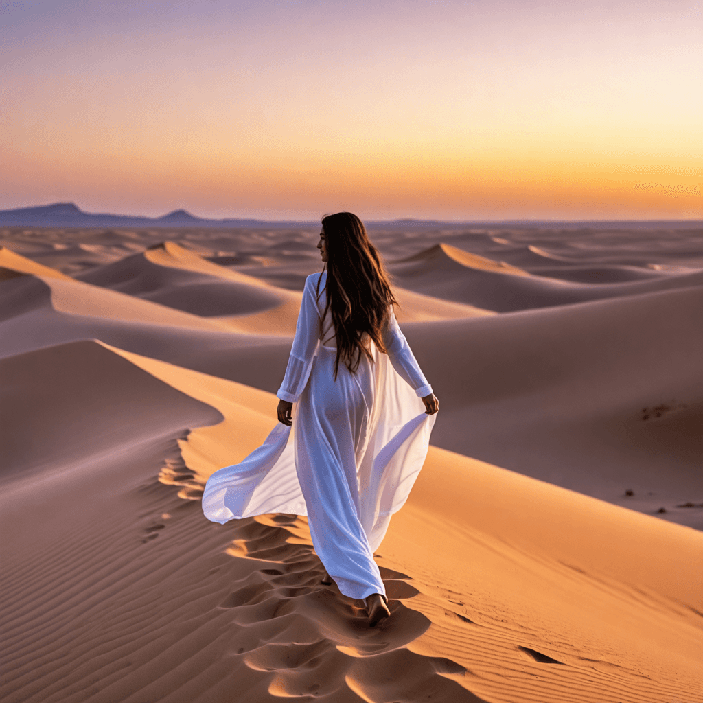 A woman with Middle Eastern features walking in golden sand dunes at twilight, ethereal desert landscape