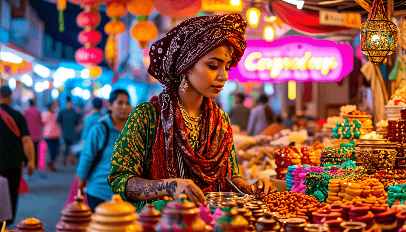 A vendor with intricate henna tattoos selling colorful wares at a bustling night market, neon signs glowing
