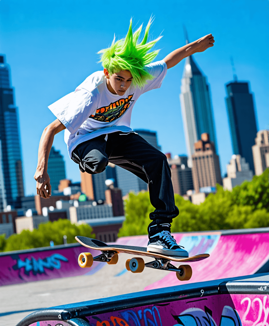 A young person with bright green hair mid-trick on a skateboard in an urban skate park, city skyline in background