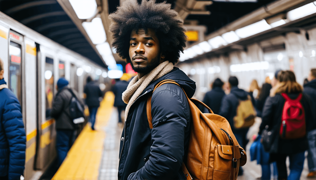 A man with a stylish afro waiting on a crowded subway platform, urban rush hour atmosphere