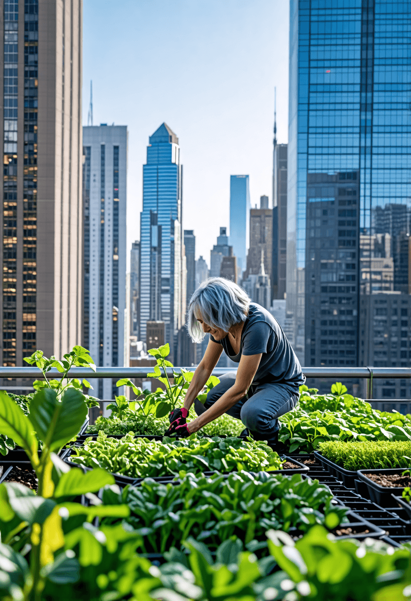 A person with dyed silver hair tending to a lush rooftop garden, surrounded by towering skyscrapers