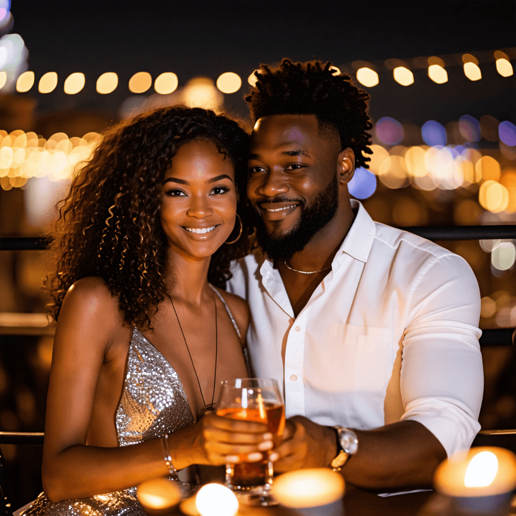 An stylish interracial couple enjoying drinks at a chic rooftop bar, city lights twinkling in the background