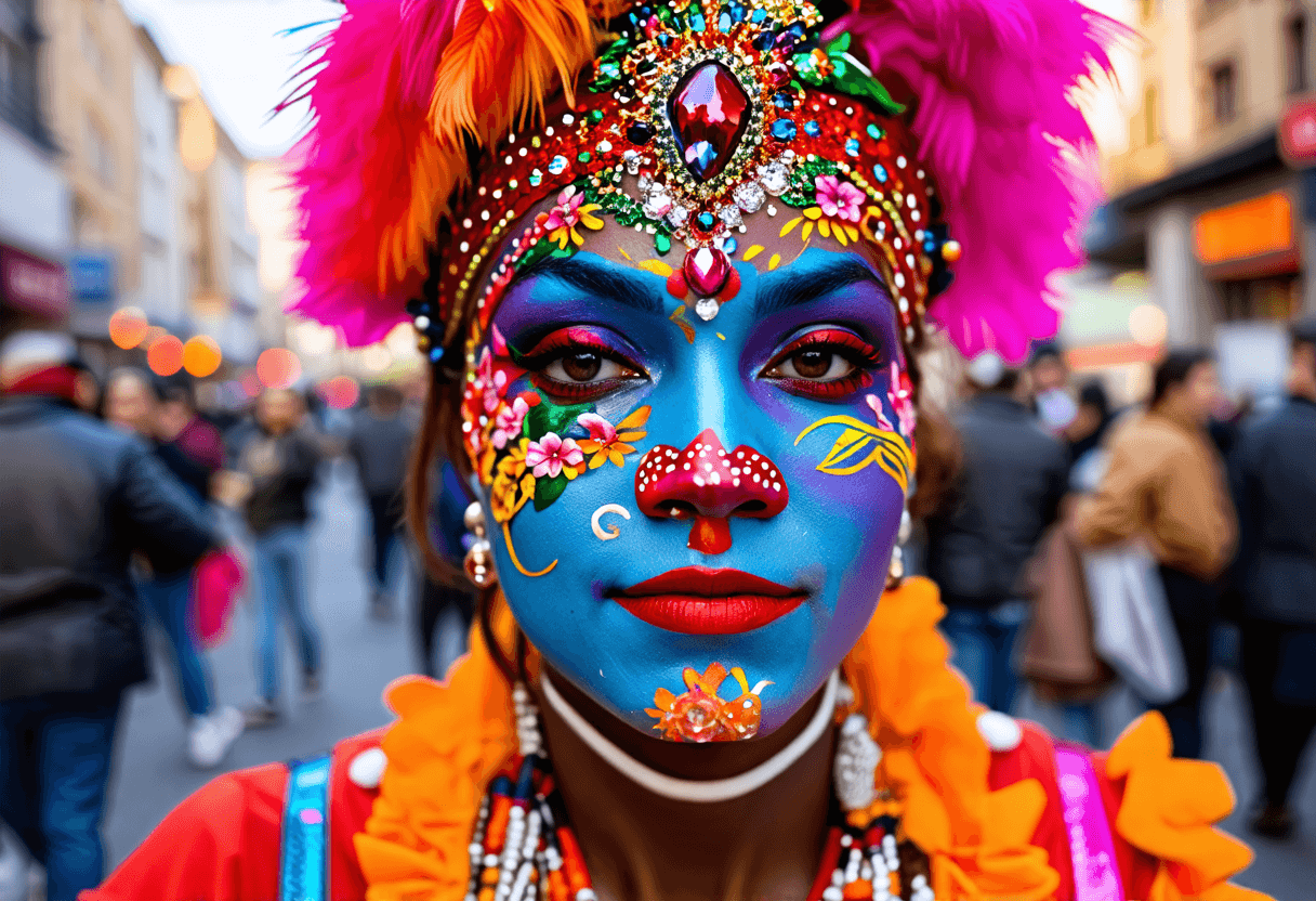 A street performer with elaborate face paint captivating a diverse crowd on a bustling city sidewalk
