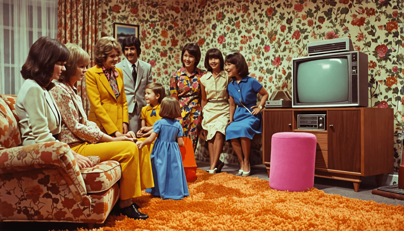 A family in 1970s attire gathered around a console TV in a retro living room with shag carpet