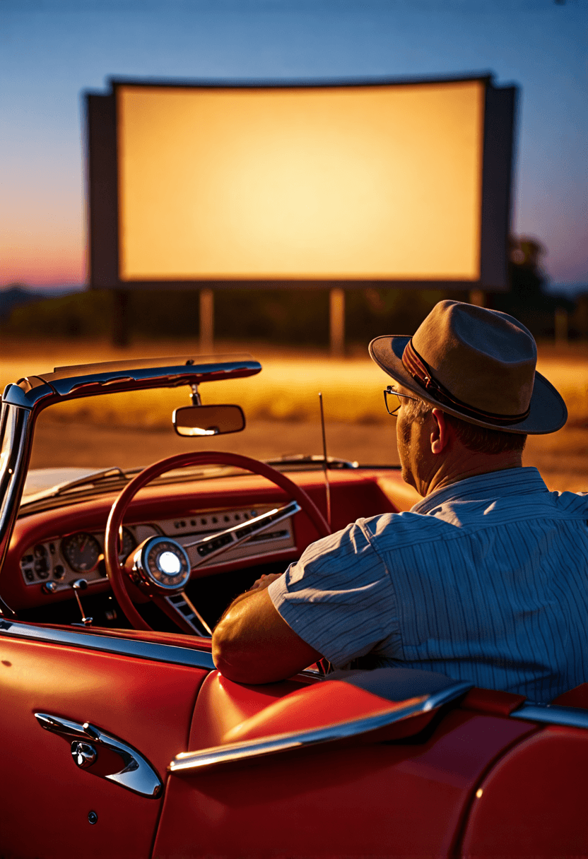 A man in 1950s casual wear watching a movie from a classic convertible at a retro drive-in theater