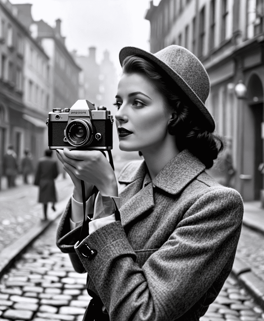 A woman in 1940s street fashion using a vintage film camera, standing on a cobblestone street