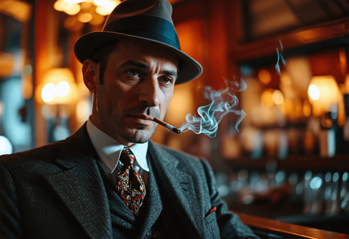 A dapper man in a 1920s suit and fedora, smoking a cigarette in a speakeasy-style bar