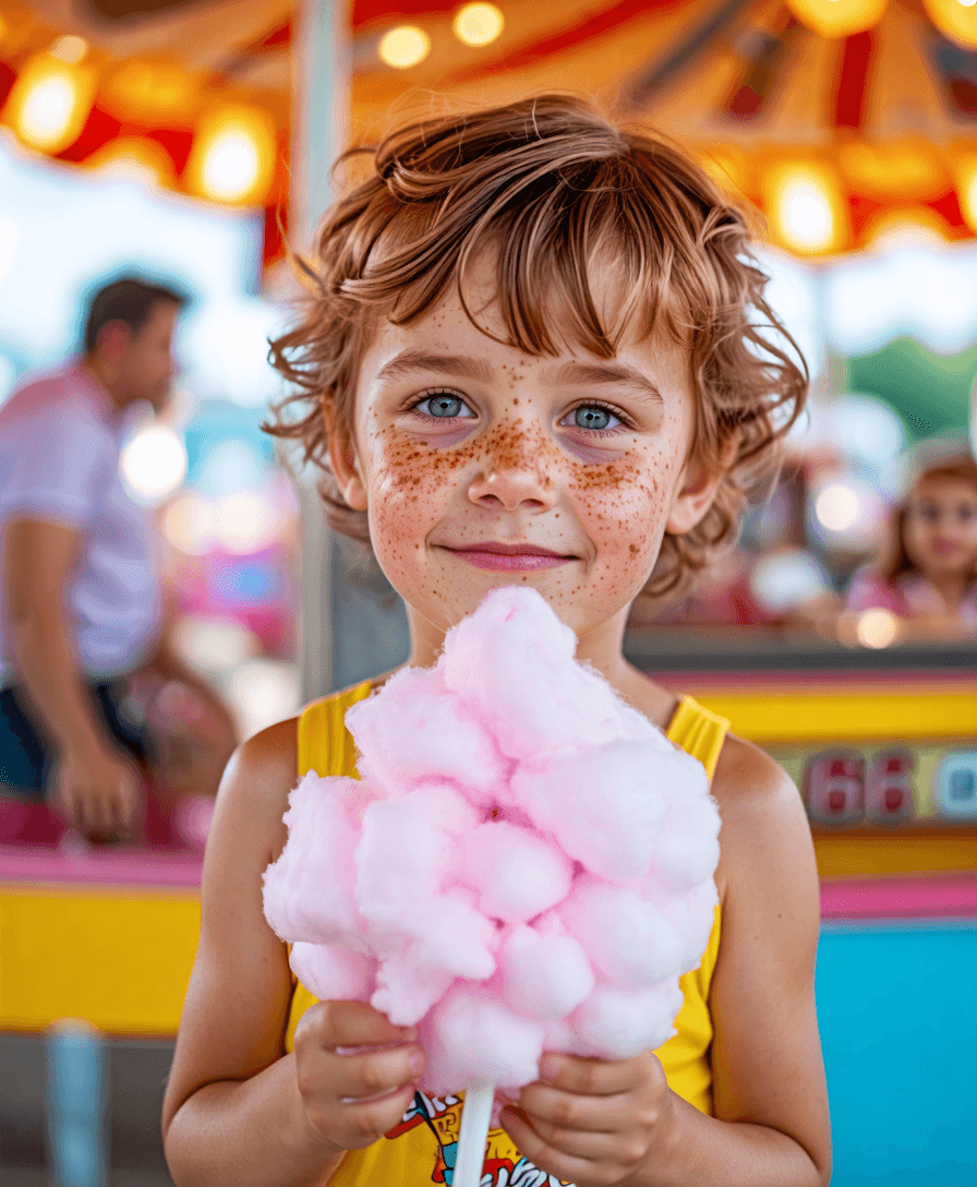 A child with freckles enjoying cotton candy at a vintage carnival, surrounded by classic rides and games