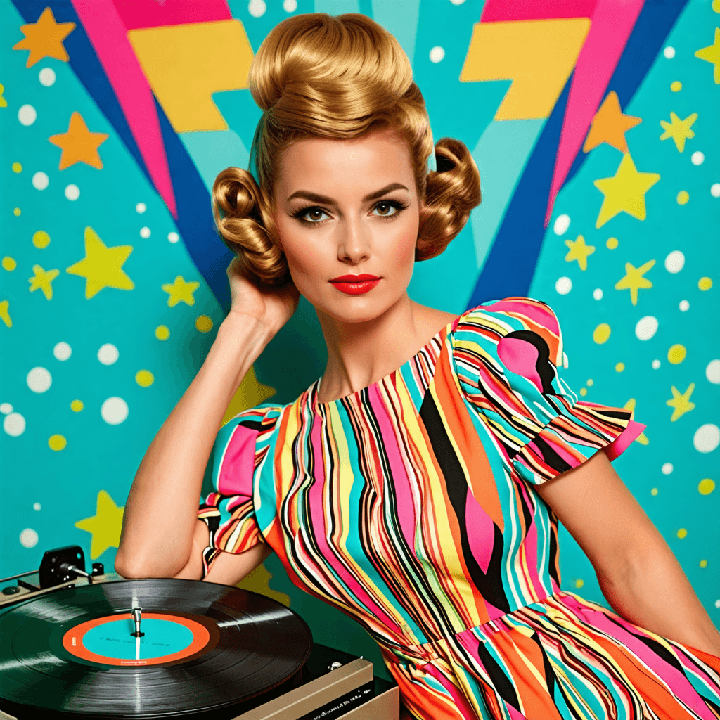 A woman with a beehive hairstyle wearing a colorful 1960s mod dress, posing with a vintage record player