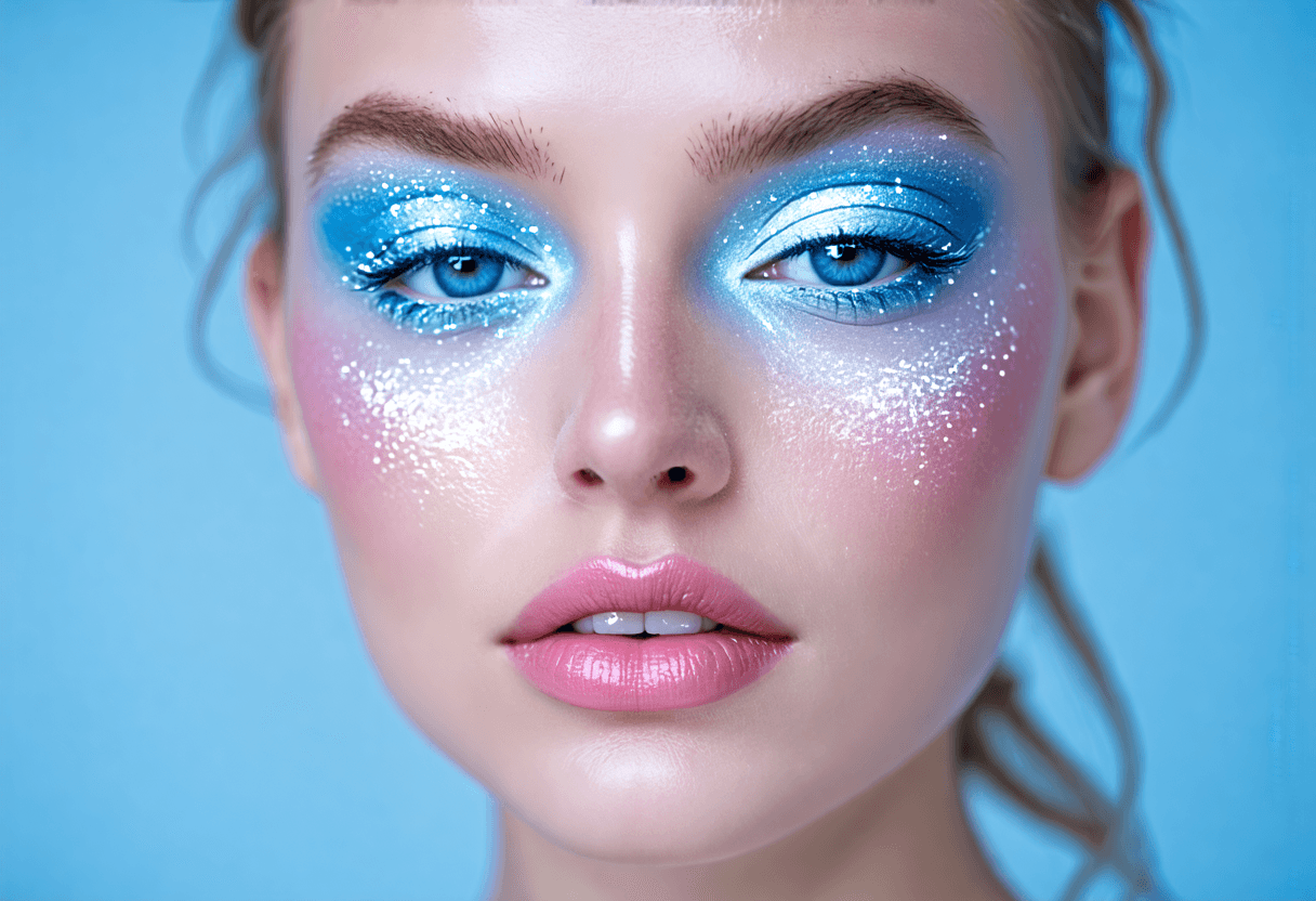 Close-up of a Nordic woman with icy blue eyeshadow, frosted pink lips, and pearlescent highlighter on cheekbones. Pale, luminous skin. Cool-toned lighting against a light blue background.