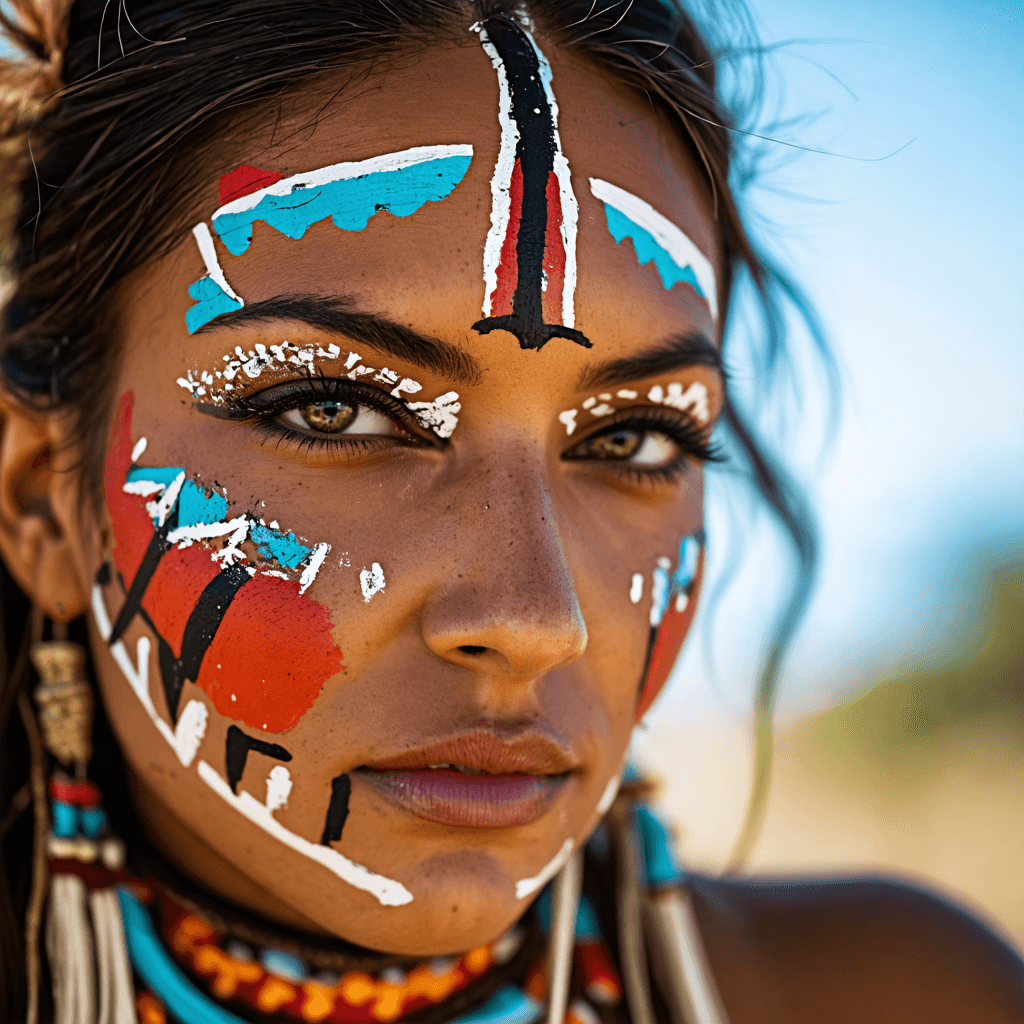 Portrait of an Indigenous American woman with makeup inspired by traditional face paint, featuring earthy tones and symbolic patterns. Respectful interpretation with a modern twist. Natural outdoor lighting.