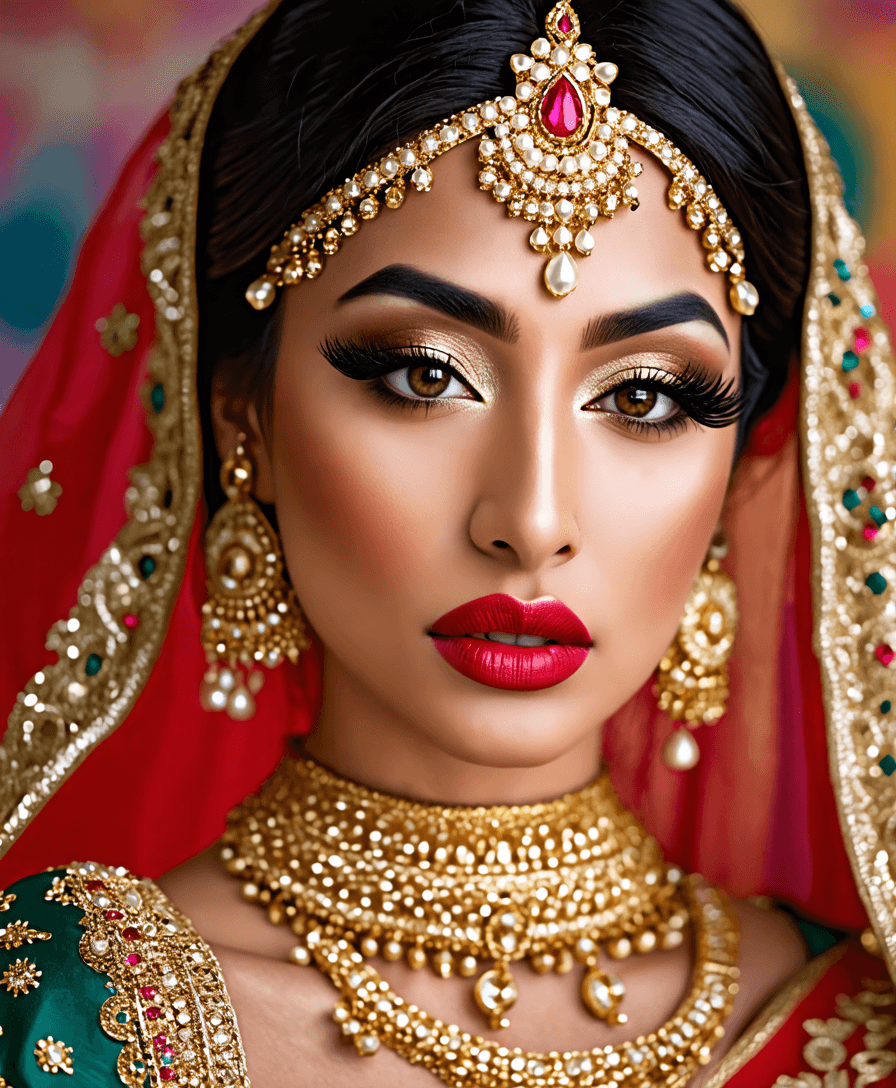 Portrait of a South Asian woman with glamorous Bollywood-inspired makeup, including shimmering gold eyeshadow, winged eyeliner, long lashes, and bold red lips. Ornate jewelry and a rich, colorful background.