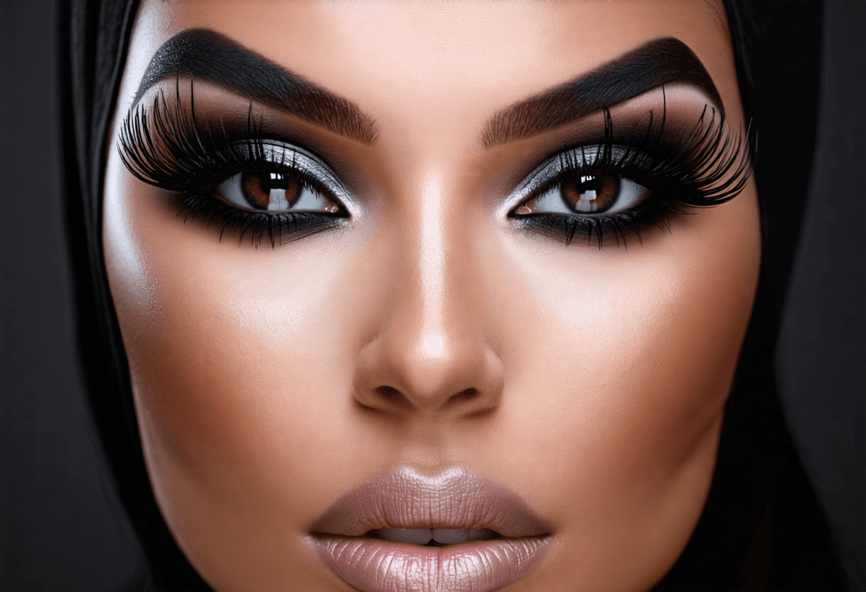 Close-up of a Middle Eastern woman with intense smokey eye makeup, long lashes, and matte lipstick. Flawless contouring and highlighted cheekbones. Elegant black background.