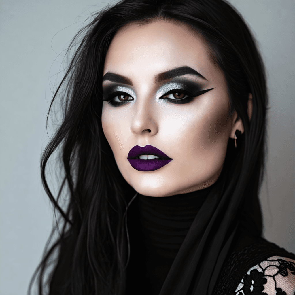 Portrait of an Eastern European woman with gothic-inspired makeup, including dark smokey eyes, deep plum lipstick, and pale foundation. Dramatic contouring and a hint of silver highlighter. Moody, low-key lighting.
