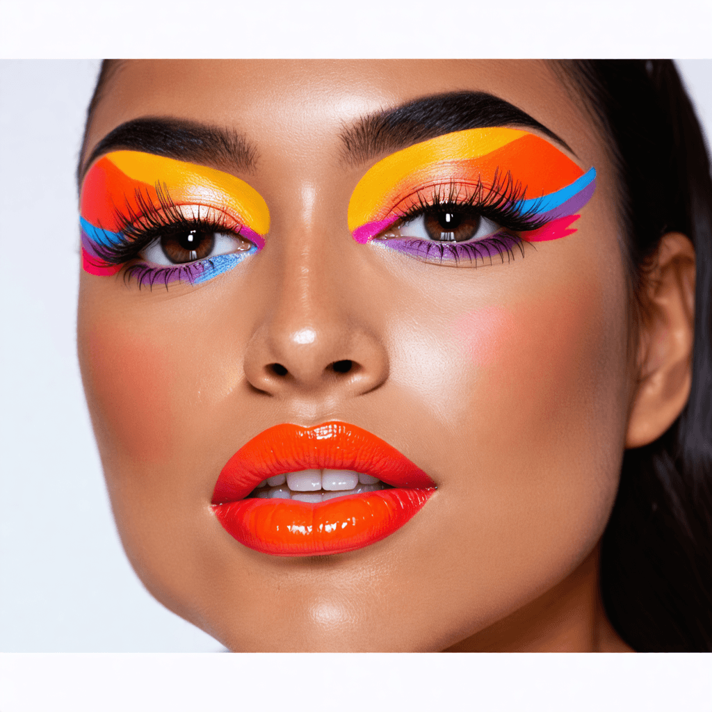 Beauty shot of a Latina model featuring vibrant, multicolored graphic eyeliner, dewy skin, and glossy coral lips. Playful expression against a white background with soft shadows.