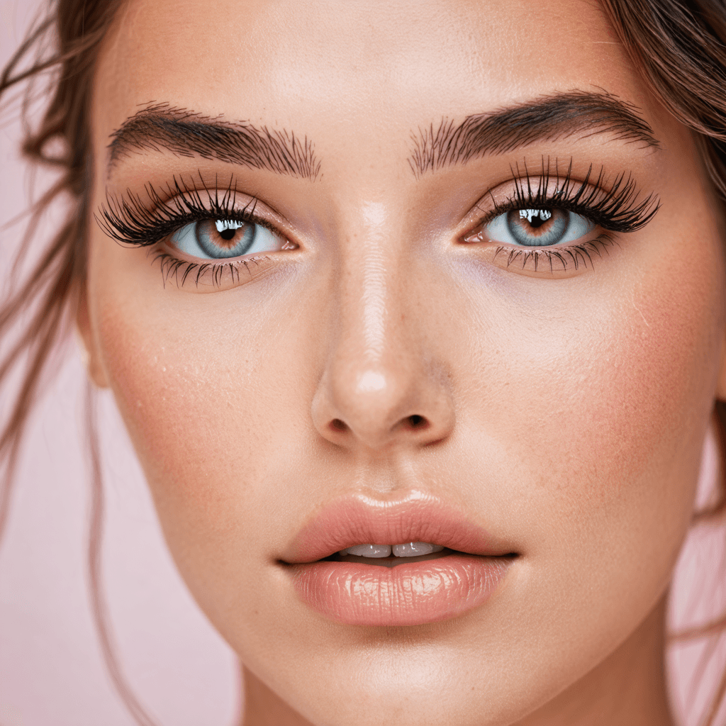 close-up of Beauty shot of model featuring dewy skin, natural makeup look with open lips and fluttery lashes. set against a soft, pastel background