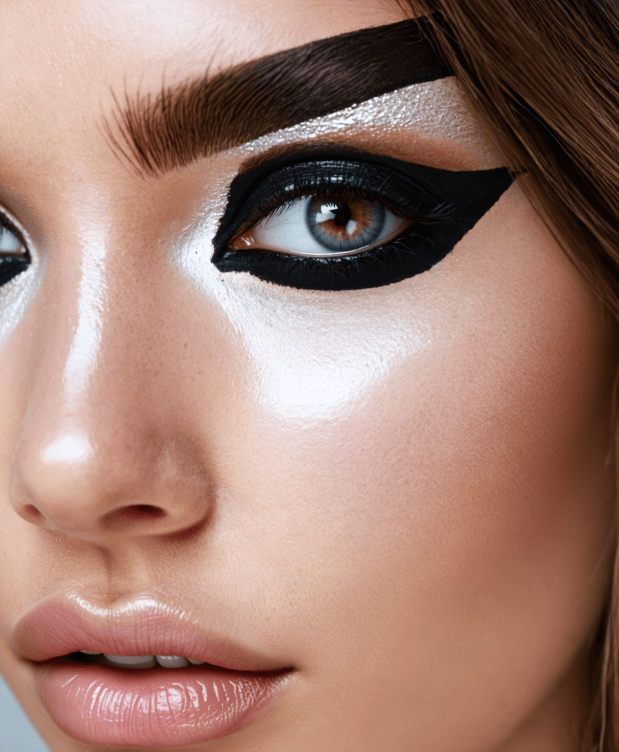 close up of model with thick eyeliner makeup